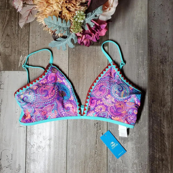NWT Cupshe Boho Paisley V-Neck Triangle Bikini Top Purple Teal Pink Size Large - Picture 6 of 15